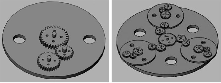 圖四：小轉盤中行星齒輪設計；圖五：大轉盤中齒輪傳動設計